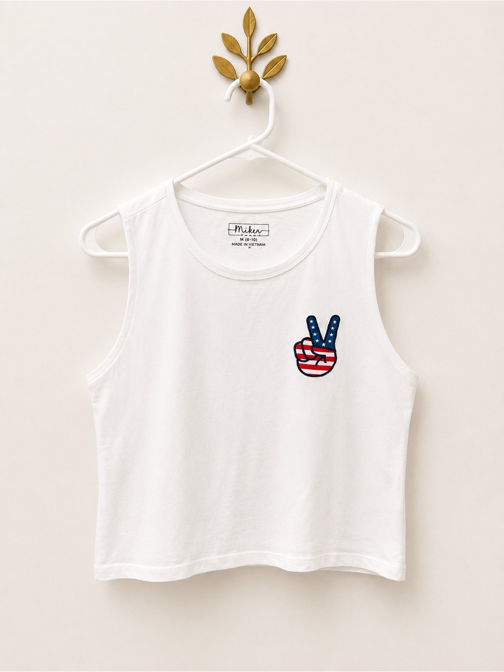 Miken Kids White Tank Top with Red & Blue Patriotic Peace Patch
